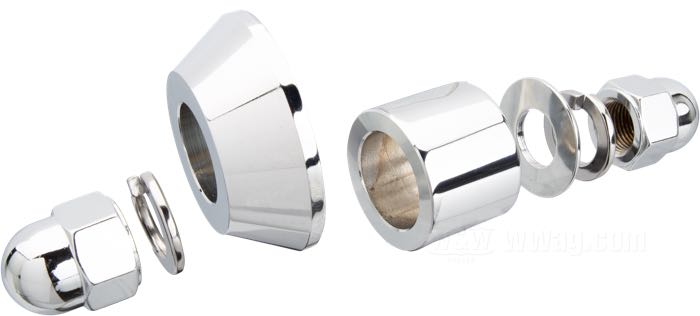 Entretoises »Smooth« de Colony; pour Axe de roue; adaptable à FXSTD 2000-2007; acier, chromé; Ø de l'axe: 1 ”; filetage: 5/8”-18; position: avant; remplace OEM HD 43623-00, 43683-00A, 6590HW, 7068 et 8001; USA; poids brut: 588 g