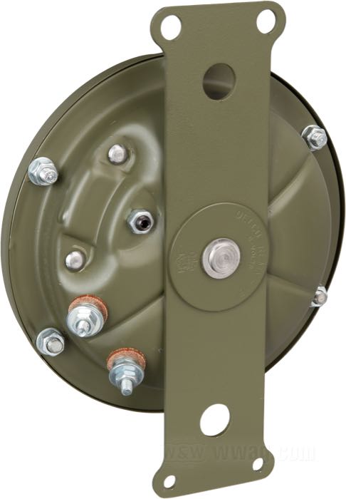Bocina »Delco Remy« de Samwel Supplies; apropiado para WLA 1943, WLC 1942-1943; acero, verde oliva, cara frontal en forma de sol; Ø 133 mm; peso neto: 871 g; 6 V; reemplaza OEM HD 4801-42M; peso bruto: 933 g