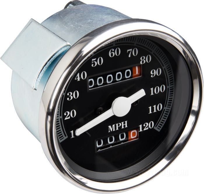 Cuentakilómetros mecánico; apropiado para FX 1973-1979; acero; Ø 80 mm; rosca: M16 x 1.0; Esfera: negro; transmisión: 2:1 (2000 rpm = 60 mph); →120 mph; con bombilla(s); reemplaza OEM HD 67020-73B; peso bruto: 435 g