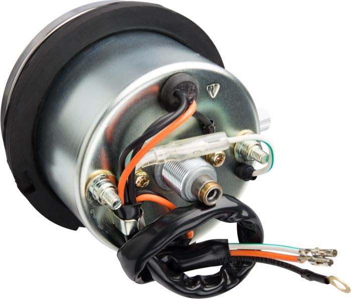 Cuentakilómetros mecánico; apropiado para FXR 1986-1994; acero; Ø 80 mm; rosca: M16 x 1.0; Esfera: negro; transmisión: 2:1 (2000 rpm = 60 mph); →120 mph; con bombilla(s); con Botón retrocedor para cuentakilómetros; reemplaza OEM HD 67020-85A; peso bruto: 478 g