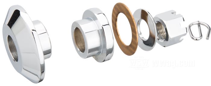 Entretoises »Smooth« de Colony; pour Axe de roue; adaptable à FLSTS 1997-1999; acier, chromé; Ø de l'axe: 3/4 ”; filetage: 5/8”-18; position: avant; remplace OEM HD 43360-97, 43624-97, 508 et 7987; USA; poids brut: 358 g