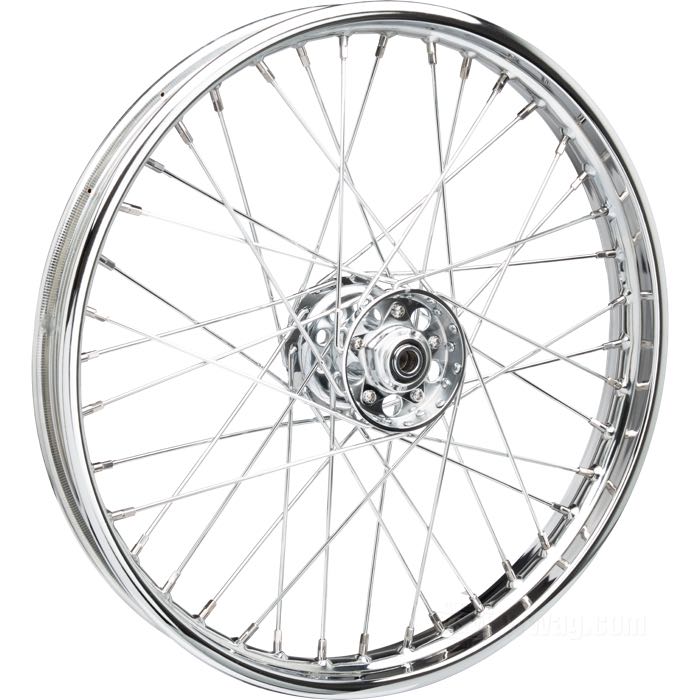 Laced wheel by Bates; fits E(L)/F(LH) 1936-1966, U(LH) 1937-1948 front and rear, W(L) 1937-1952 rear only; steel; Star hub steel; hub finish: chrome plated; profile: semi-drop center; rim finish: chrome plated; 1.85x21 ”; spokes: steel chrome plated; matching axle Ø: 17.5 mm; metal valve in center; replaces OEM HD 40978-36; gross weight: 8.28 kg