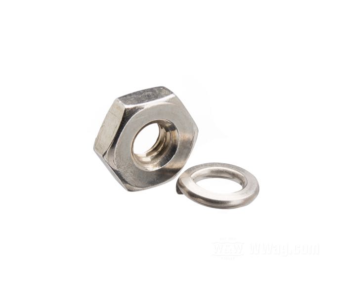Nut; for Choke shaft; for Linkert carburetors for OHV models 1936-1965; steel; thread: #8-32; with lock washer; replaces OEM HD 0103, and 7608; gross weight: 2 g