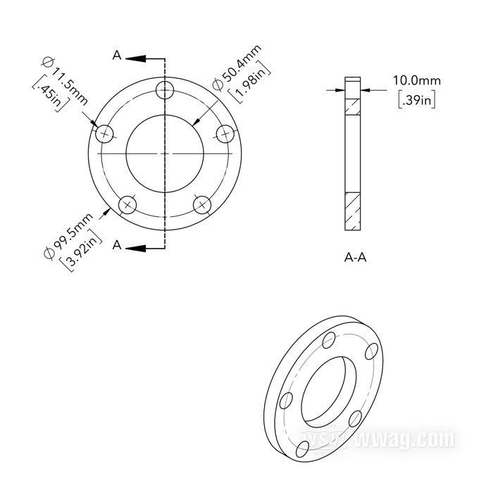 Entretoise de flanc moyeu de Bates; pour Couronne à chaîne / Poulie; adaptable à modèles 1973-1999; alu billet; Ø collier centrage: 50 mm; Ø extér.: 99.5 mm; déport: 10 mm; max. Ø vis de montage: 7/16