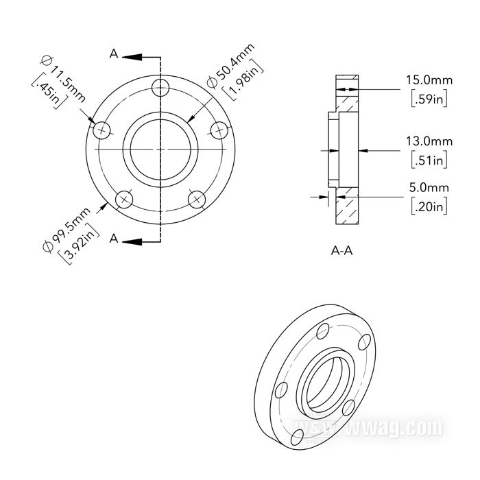 Entretoise de flanc moyeu de Bates; pour Couronne à chaîne / Poulie; adaptable à modèles 1973-1999; alu billet; Ø collier centrage: 50 mm; Ø extér.: 99.5 mm; déport: 15 mm; max. Ø vis de montage: 7/16