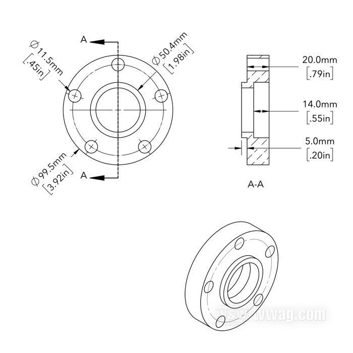 Entretoise de flanc moyeu de Bates; pour Couronne à chaîne / Poulie; adaptable à modèles 1973-1999; alu billet; Ø collier centrage: 50 mm; Ø extér.: 99.5 mm; déport: 20 mm; max. Ø vis de montage: 7/16