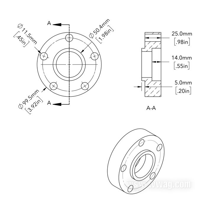 Entretoise de flanc moyeu de Bates; pour Couronne à chaîne / Poulie; adaptable à modèles 1973-1999; alu billet; Ø collier centrage: 50 mm; Ø extér.: 99.5 mm; déport: 25 mm; max. Ø vis de montage: 7/16