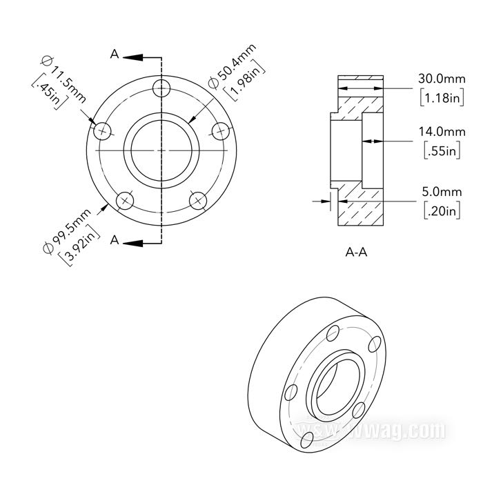 Entretoise de flanc moyeu de Bates; pour Couronne à chaîne / Poulie; adaptable à modèles 1973-1999; alu billet; Ø collier centrage: 50 mm; Ø extér.: 99.5 mm; déport: 30 mm; max. Ø vis de montage: 7/16