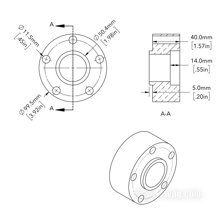 Espaciadore de brida buje de Bates; para Corona de cadena / Polea; apropiado para modelos 1973-1999; aluminio macizo; Ø cuello de centrado: 50 mm; Ø externo: 99.5 mm; desplazamiento: 40 mm; max. Ø tornillos de montaje: 7/16
