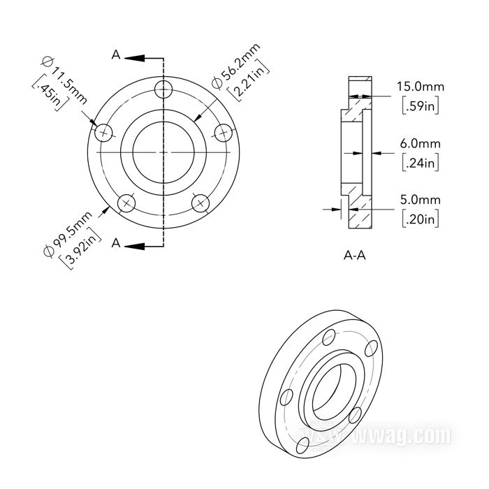 Entretoise de flanc moyeu de Bates; pour Couronne à chaîne / Poulie; adaptable à modèles 2000→; alu billet; Ø collier centrage: 56 mm; Ø extér.: 99.5 mm; déport: 15 mm; max. Ø vis de montage: 7/16