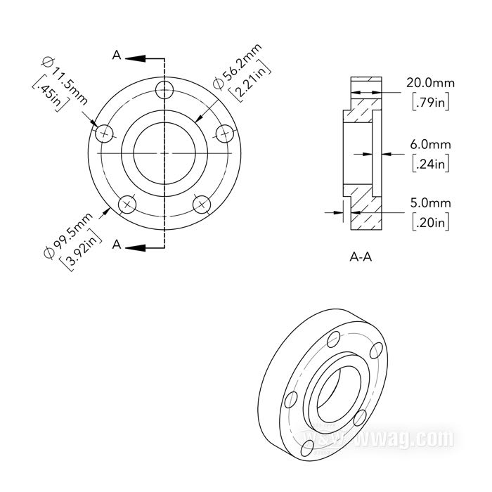 Wheel hub flange offset spacer by Bates; for Rear sprocket / Pulley; fits models 2000→; billet aluminum; Ø centering collar: 56 mm; outer Ø: 99.5 mm; offset: 20 mm; max. Ø of mounting bolts: 7/16