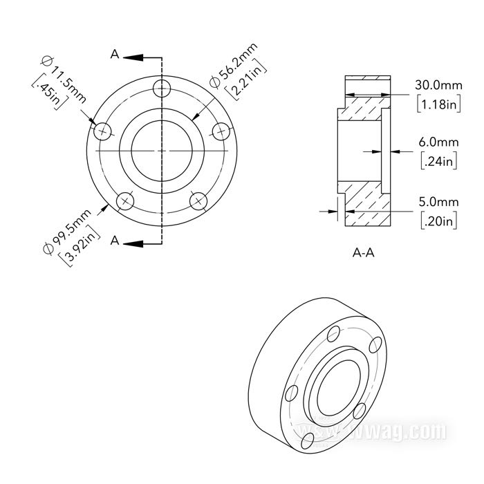 Entretoise de flanc moyeu de Bates; pour Couronne à chaîne / Poulie; adaptable à modèles 2000→; alu billet; Ø collier centrage: 56 mm; Ø extér.: 99.5 mm; déport: 30 mm; max. Ø vis de montage: 7/16