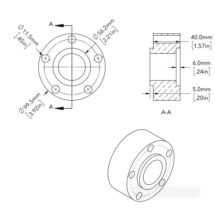 Distanziale di flangia mozzo di Bates; per Corona a catena / Puleggia; atto per modelli 2000→; alluminio billet; Ø collare centraggio: 56 mm; Ø esterno: 99.5 mm; disassamento: 40 mm; max. Ø viti di montaggio: 7/16