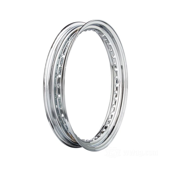 Jante; acier; profil: creuse; finition jante: chromé; 2.5x18 ”; Nombre de percages pour rayons: 40; valve en métal centrale; Ø intér.: 420 mm; pour moyeux larges et étroits; remplace OEM HD 43005-70; homologué DOT; poids brut: 2.68 kg