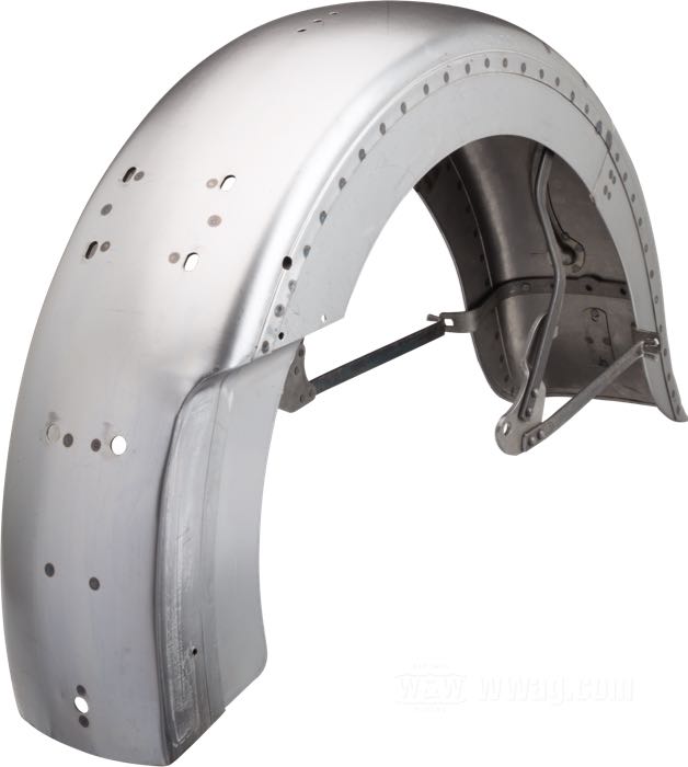 Hinterradschutzblech von The Cyclery; passend für Big Twins 1939-mid 1946; Stahl, blank, mit schmalen (5/8”) Streben ; mit Seitenplatte; ersetzt OEM HD 3711-39 und 59604-39; Europa; Bruttogewicht: 5.46 kg