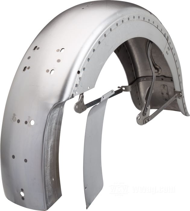 Hinterradschutzblech von The Cyclery; passend für Big Twins 1939-mid 1946; Stahl, blank, mit schmalen (5/8”) Streben ; mit Seitenplatte; ersetzt OEM HD 3711-39 und 59604-39; Europa; Bruttogewicht: 5.46 kg