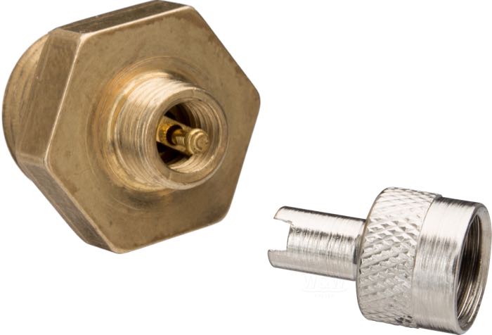 Drain valve by Bates; for S&S Super B, E, G and Twothroat carburetors; brass, machined finish, 5/8” hex ; thread: 1/2”-20; Germany; gross weight: 18.4 g