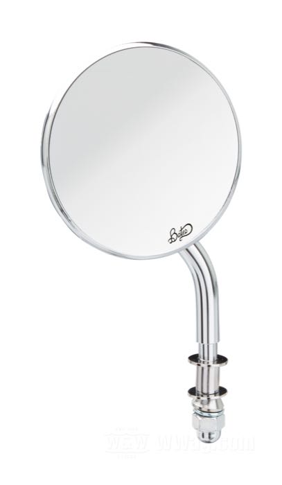 Rear view mirror »Flying Saucer« by Bates; steel / glass, chrome-plated; Ø 3”; position: left and right; length L1: 9 cm; length L2: 2.5 cm; head angle α: 42 °; gross weight: 270 g