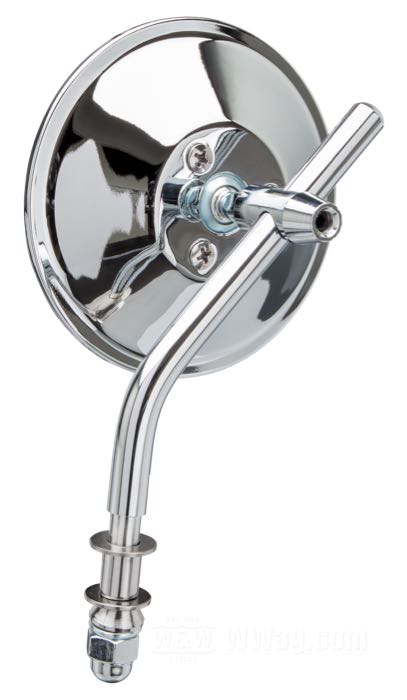 Rear view mirror »Flying Saucer« by Bates; steel / glass, chrome-plated; Ø 4”; position: left and right; length L1: 9 cm; length L2: 2.5 cm; head angle α: 42 °; gross weight: 290 g