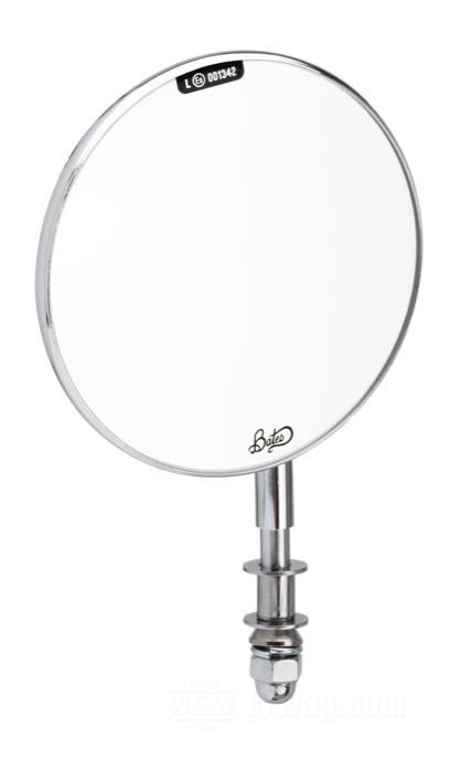 Rear view mirror »Flying Saucer« by Bates; steel / glass, chrome-plated; Ø 4”; position: left and right; length L1: 9 cm; length L2: 2.5 cm; head angle α: 42 °; gross weight: 290 g