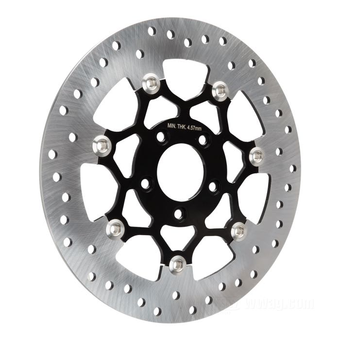 Bremsscheibe; passend für Sportster 2014-2020, Softail 2015-2019, FXDRS 2020; Edelstahl, with floaters; Ø 11.8”; Montageposition: vorne; Montagebohrungen: 5/16” Flachsenkung; Innen-Ø: 56 mm; ersetzt OEM HD 41500068 und 41500088; Bruttogewicht: 1.97 kg