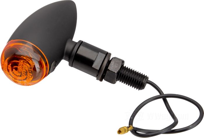Intermitente »Micro Bullet«; aluminio, negro; Ø 27 mm; tipo de bombilla: H21W; lente: ámbar; rosca: M10; casquillo: BAY9s; homologado E11; peso bruto: 130 g