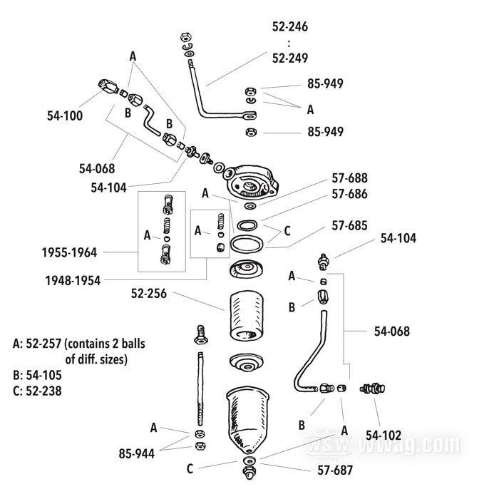 Gasket kit; for Oil filter; fits Big Twin 1948-1964; paper; net weight: 0.004 g; replaces OEM HD 63809-48, 63848-48, and 63858-49; gross weight: 4 g