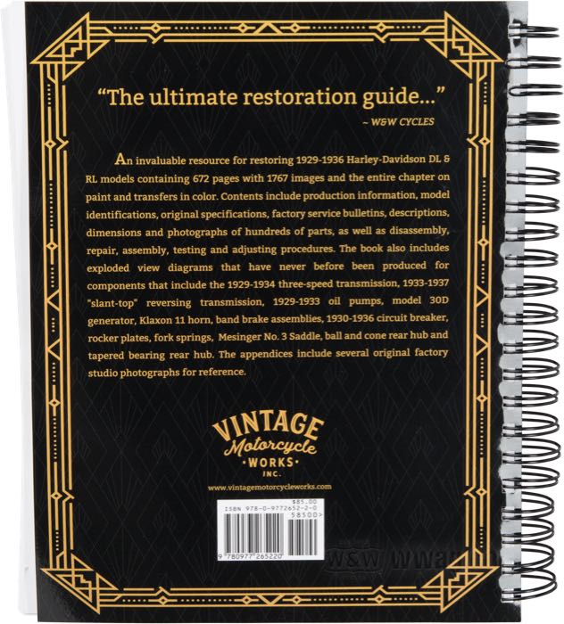 Service manual »A Restoration Guide for 45” Twins 1929-36«; paper; width x height: 21.5 x 28 cm; net weight: 2.18 kg; by Johnny Sells; spiral bound; color + black and white; 672 pages; English; ISBN: 9780977265206; USA; gross weight: 2.31 kg