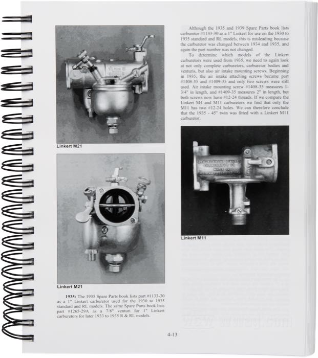 Service manual »A Restoration Guide for 45” Twins 1929-36«; paper; width x height: 21.5 x 28 cm; net weight: 2.18 kg; by Johnny Sells; spiral bound; color + black and white; 672 pages; English; ISBN: 9780977265206; USA; gross weight: 2.31 kg