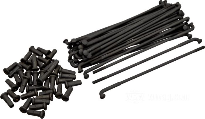 Speichensatz; Stahl, parkerisiert; Länge L1: 171 mm; Durchmesser D1: 5 mm; Durchmesser D2: 4 mm; Winkel α: 95 °; Gewinde: 8G-32; für breite Radnabe; für 16