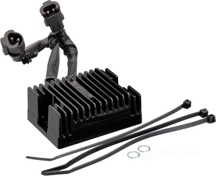 Regulator/Rectifier by Cycle Electric; fits Sportster 2009-2013, XR 1200 2008-2010; aluminum, black, anodised; replaces OEM HD 74711-08; USA; gross weight: 529 g