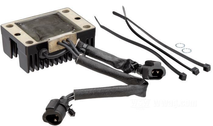 Regulator/Rectifier by Cycle Electric; fits Sportster 2009-2013, XR 1200 2008-2010; aluminum, black, anodised; replaces OEM HD 74711-08; USA; gross weight: 529 g
