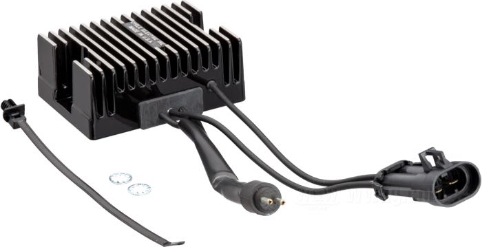 Regulator/Rectifier by Cycle Electric; fits Sportster 2004-2006; aluminum, black, anodised; replaces OEM HD 74523-04; USA; gross weight: 520 g