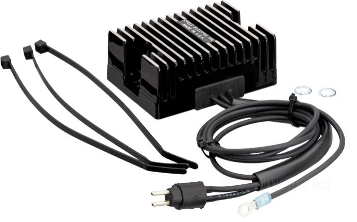Regulator/Rectifier by Cycle Electric; fits Sportster 1991; aluminum, black, anodised; replaces OEM HD 74512-84, and 74523-91; USA; gross weight: 50 g