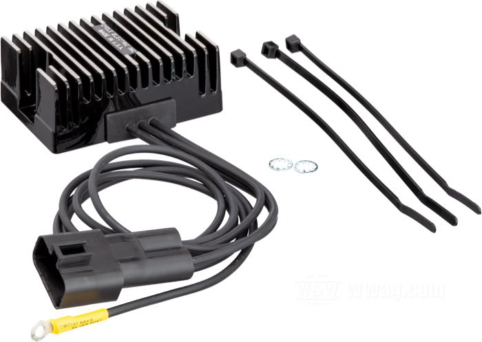 Regulator/Rectifier by Cycle Electric; fits Dyna 1999-2003; aluminum, black, anodised; replaces OEM HD 74518-99A; USA; gross weight: 580 g