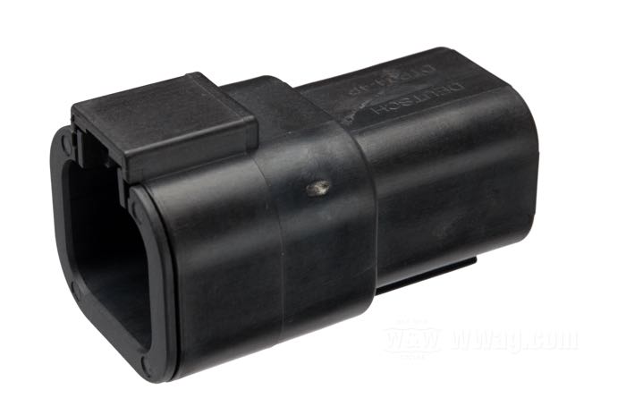Pin housing »DTP« by Deutsch; for Regulator; fits Softail 2001-2007 and Dyna 2006-2007; 4-way; polyamide, black; 25 A; for wires: ~ 2.0 - 6.0 mm² (AWG 14-10); replaces OEM HD 72604-01BK; China; gross weight: 20 g