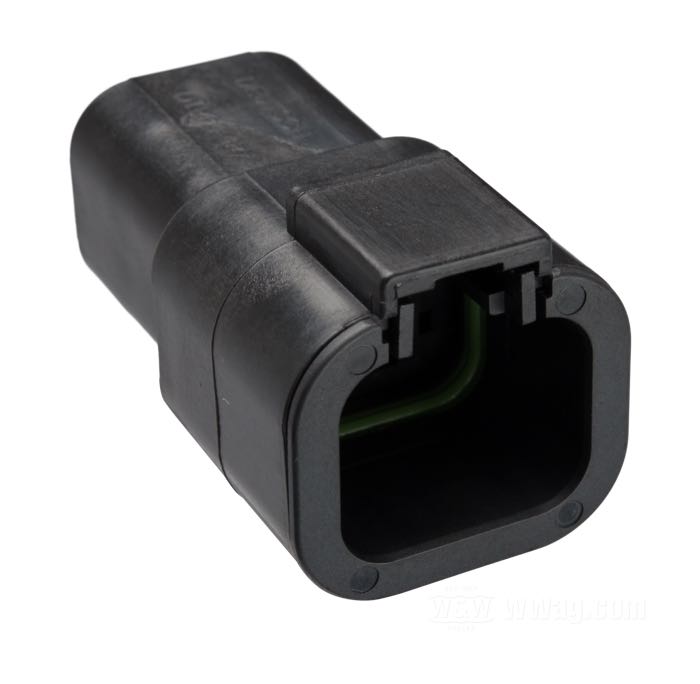 Pin housing »DTP« by Deutsch; for Regulator; fits Softail 2001-2007 and Dyna 2006-2007; 4-way; polyamide, black; 25 A; for wires: ~ 2.0 - 6.0 mm² (AWG 14-10); replaces OEM HD 72604-01BK; China; gross weight: 20 g