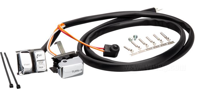 Unità interruttori; atto per Sportster e Touring 1996-2013, Softail 1996-2010, Dyna 1996-2011; destra; ottone / plastica / acciaio, cromato; rimpiazza OEM HD 71589-96A, 71591-96 e 71590-96; peso lordo: 170 g