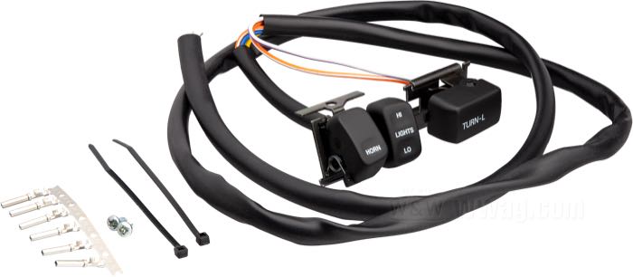 Unità interruttori; atto per modelli 1996-2007; sinistra; ottone / plastica / acciaio, nero; rimpiazza OEM HD 71597-96A e 71598-96; peso lordo: 160 g