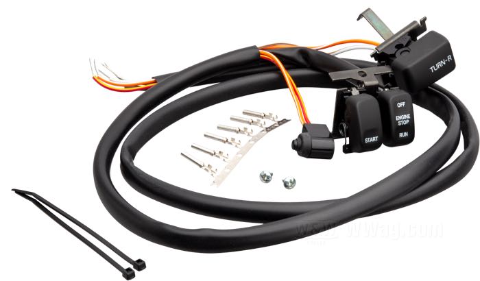 Unità interruttori; atto per Sportster e Touring 1996-2013, Softail 1996-2010, Dyna 1996-2011; destra; ottone / plastica / acciaio, nero; rimpiazza OEM HD 71589-96A, 71591-96 e 71590-96; peso lordo: 170 g