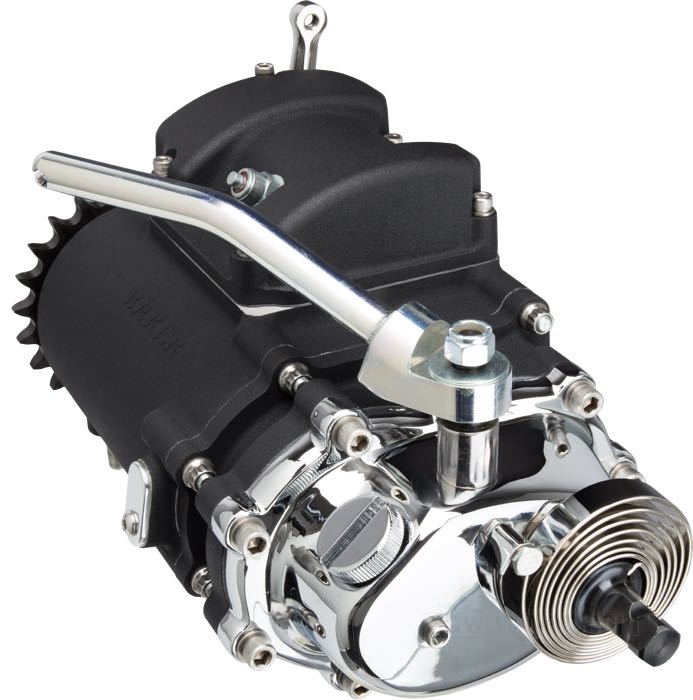 Transmisión 6 velocidades »6 in 4« de BAKER Drivetrain; apropiado para Knucklehead 1936-1947, Big Twin Flathead 1937-1948, Panhead 1948-1964; aluminio fundido / acero, negro; con piñón de 23 dts, tapa de arranque cromada; EE. UU.; peso bruto: 22 kg
