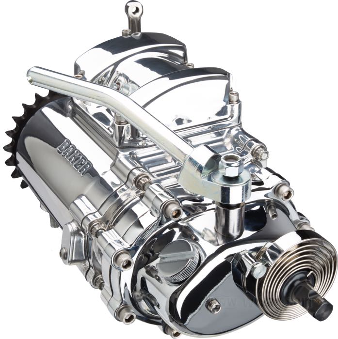 Trasmissione 6 marce »6 in 4« di BAKER Drivetrain; atto per Knucklehead 1936-1947, Big Twin Flathead 1937-1948, Panhead 1948-1964; alluminio fuso / acciaio, lucidato; con pignone 23 dti, copercchio avviamento cromato; U.S.A.; peso lordo: 22 kg