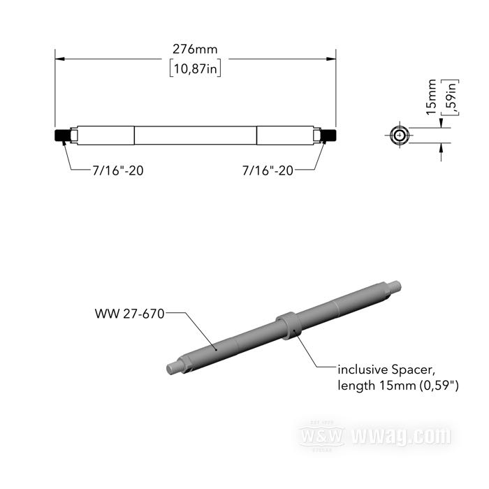 Axe de Cannonball; pour Cannonball StealthStarter SSK-R Kick Drive pour cadre rigide; adaptable à Big Twins 4 vitesses à châssis rigide; acier; longueur: 274 mm; Ø 18.3 mm; filetage: 7/16”-20; poids brut: 602 g