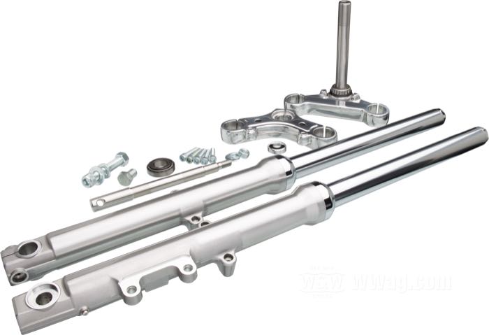 Hydraulic fork »Narrow« by W&W Cycles; fits Knucklehead 1936, Big Twin 1937-1986; aluminum / steel; Ø fork tubes: 39 mm; measures according to drawing:  L: 575 mm, W: 180 mm; width cente to center: 180 mm; gross weight: 16.66 kg