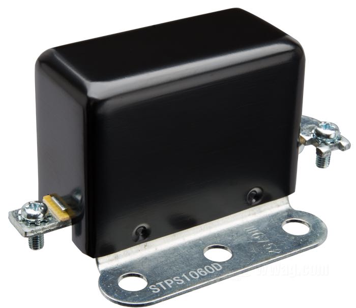 Cut-out diode »Delco Remy«; fits all twins 1938-1957; with 32E generators; steel, three terminals, with black cover; length x width: 9 x 5 cm; 6 V; replaces OEM HD 4785-38, and 74750-38; gross weight: 118 g
