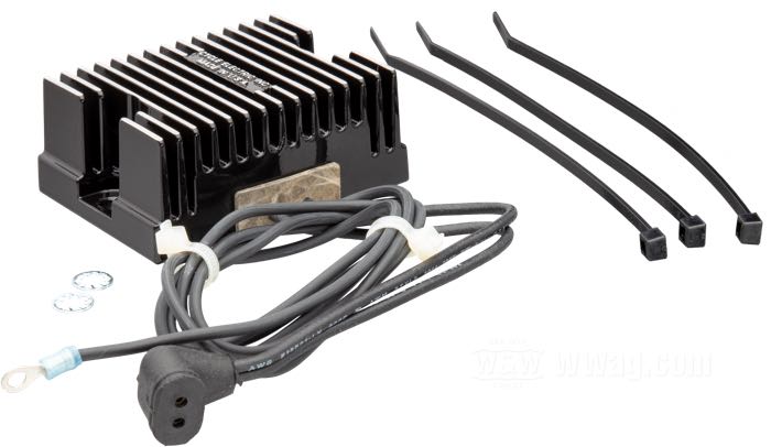 Regulator/Rectifier by Cycle Electric; fits Big Twin 1976-1980; aluminum, black, anodised; replaces OEM HD 74512-79A, and 74510-75A; USA; gross weight: 530 g