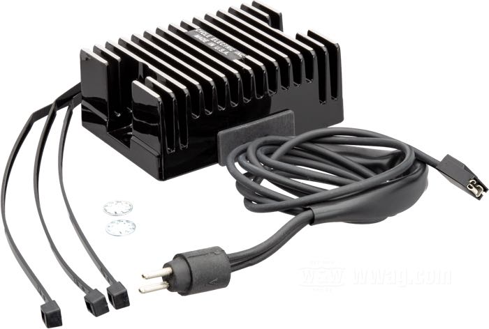 Regulator/Rectifier by Cycle Electric; fits Sportster 1992-1993; aluminum, black, anodised; replaces OEM HD 74523-92A; USA; gross weight: 540 g
