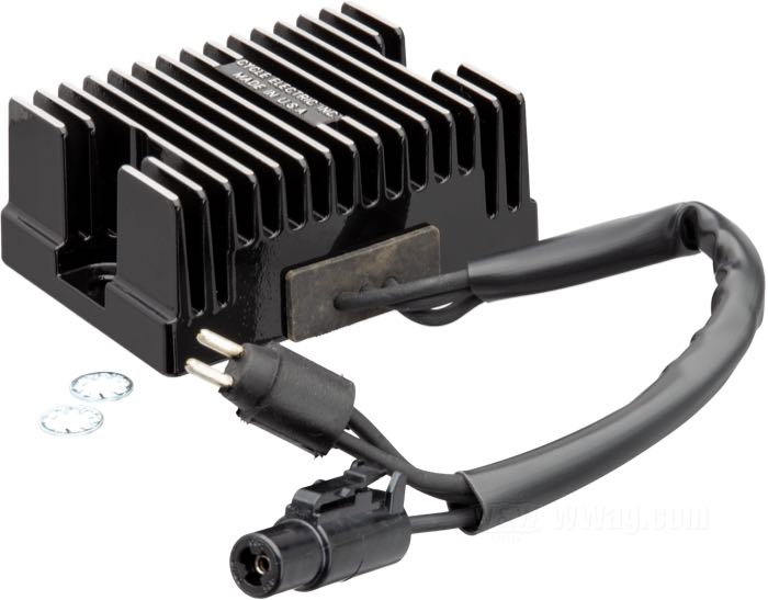 Regulator/Rectifier by Cycle Electric; fits Sportster 1994-2003; aluminum, black, anodised; replaces OEM HD 74523-94A; USA; gross weight: 520 g