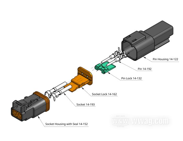 Boîte de cosses mâles »DT« de Deutsch; 2 voies; polyamide, noir; pour fils de: ~ 0.5 - 2.5 mm² (AWG 20-14); remplace OEM HD 72102-94BK; USA; poids brut: 4 g