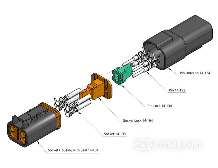 Frein de cosses »DT« de Deutsch; pour Cosse mâle; 4 voies; polyamide; pour fils de: ~ 0.5 - 2.5 mm² (AWG 20-14); remplace OEM HD 72144-94; USA; poids brut: 1 g